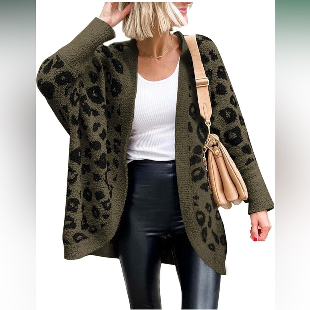 LN Leopard Long Sleeve Open Front Cardigans Sweaters Pockets Loose Knit SIZE L